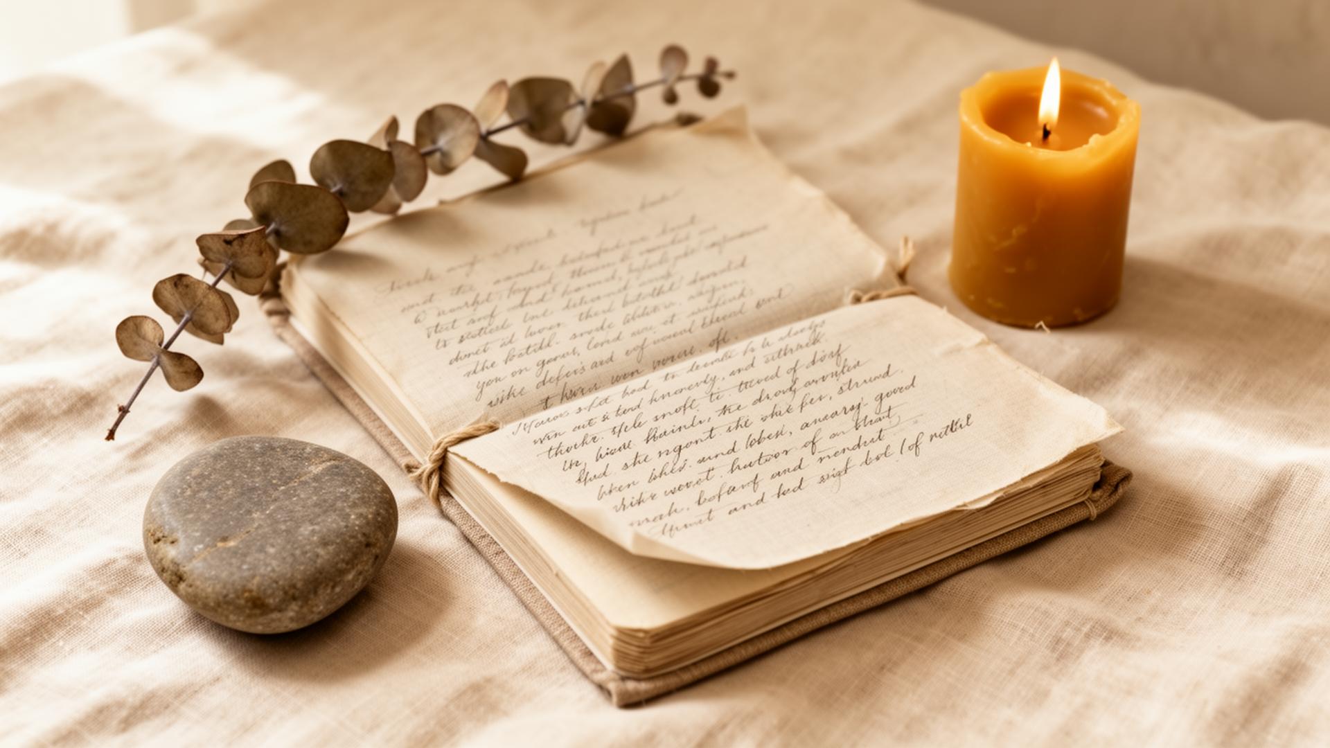 An open journal beside a smooth stone, eucalyptus, and a beeswax candle